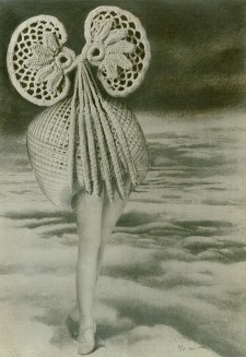 Max ERNST, Au-dessus des nuages, marche la Minuit. Au-dessus de la Minuit, plane l'oiseau invisible du jour. Un peu plus haut que l'oiseau, l'éther pousse et les toîts flottent.  Collage, 1920. 18,4 x 13 cm. Colección particular