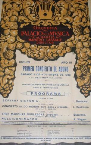 Cartel original del concierto que ofreció la orquesta del Palacio de la Música dirigida por el Maestro José Lasalle el sábado 3 de noviembre de 1928.