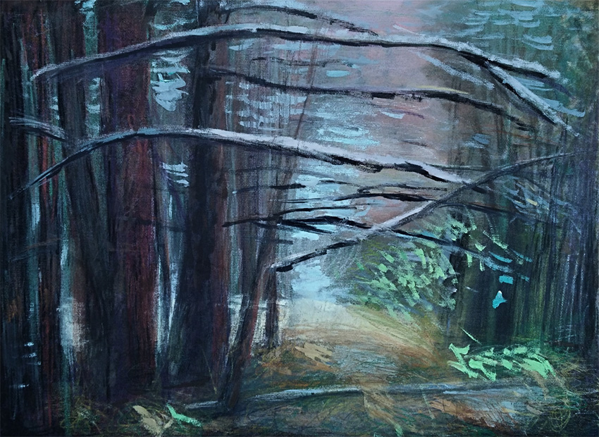 Paisaje de invierno, 2019. Lápiz color y óleo s/tela, 30 x 40 cm